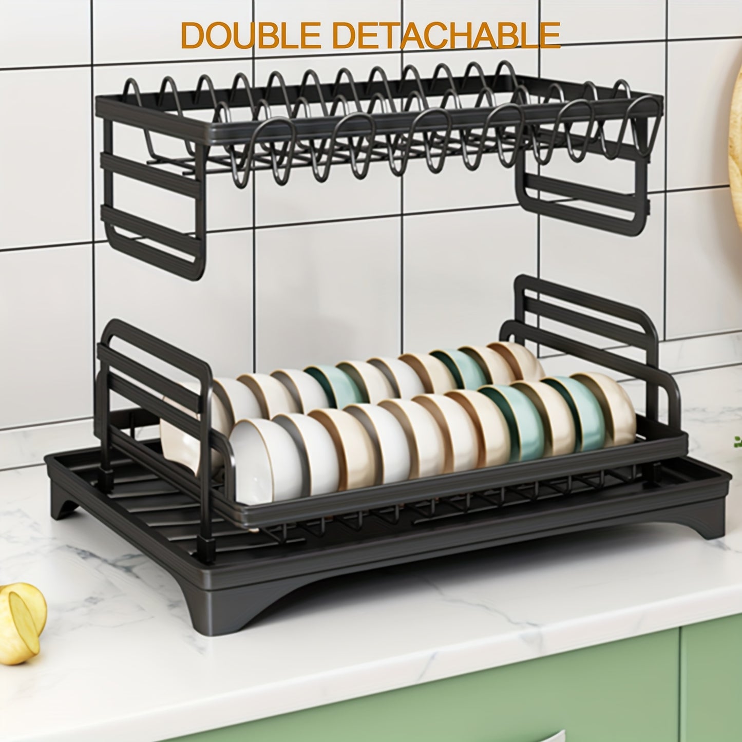 2-Tier Iron Dish Drying Rack with Drainboard and Cutlery Holder, Kitchen Countertop Plate Bowl Organizer, Dish Rack with Knife Block, Glass Holder - Perfect Gift for Women, Wife, Mother's Day Kitchen Gadget (Copie)