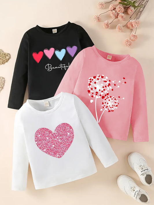 [3pcs Girls' Heart Applique Long Sleeve T-Shirts] 3pcs Girls' Long Sleeve T-Shirts, Polyester Knit Tops with Elastane, Casual Crew Neck, Slight Stretch Fabric, Regular Fit, with Heart Applique, for Fall/Winter Collection